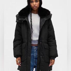 GAP Faux Fur-Trim Midi Puffer Jacket Black Small NWT